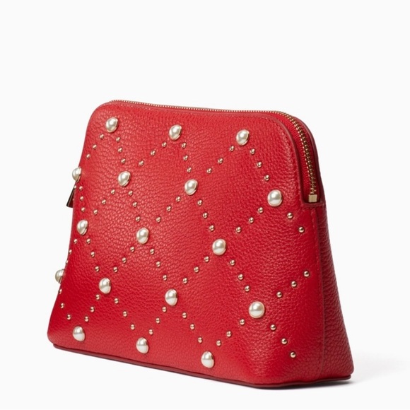 Kate Spade Hayes Street Small Briley Pearl Red Leather Makeup Bag Cosmetic Bag - Picture 9 of 10